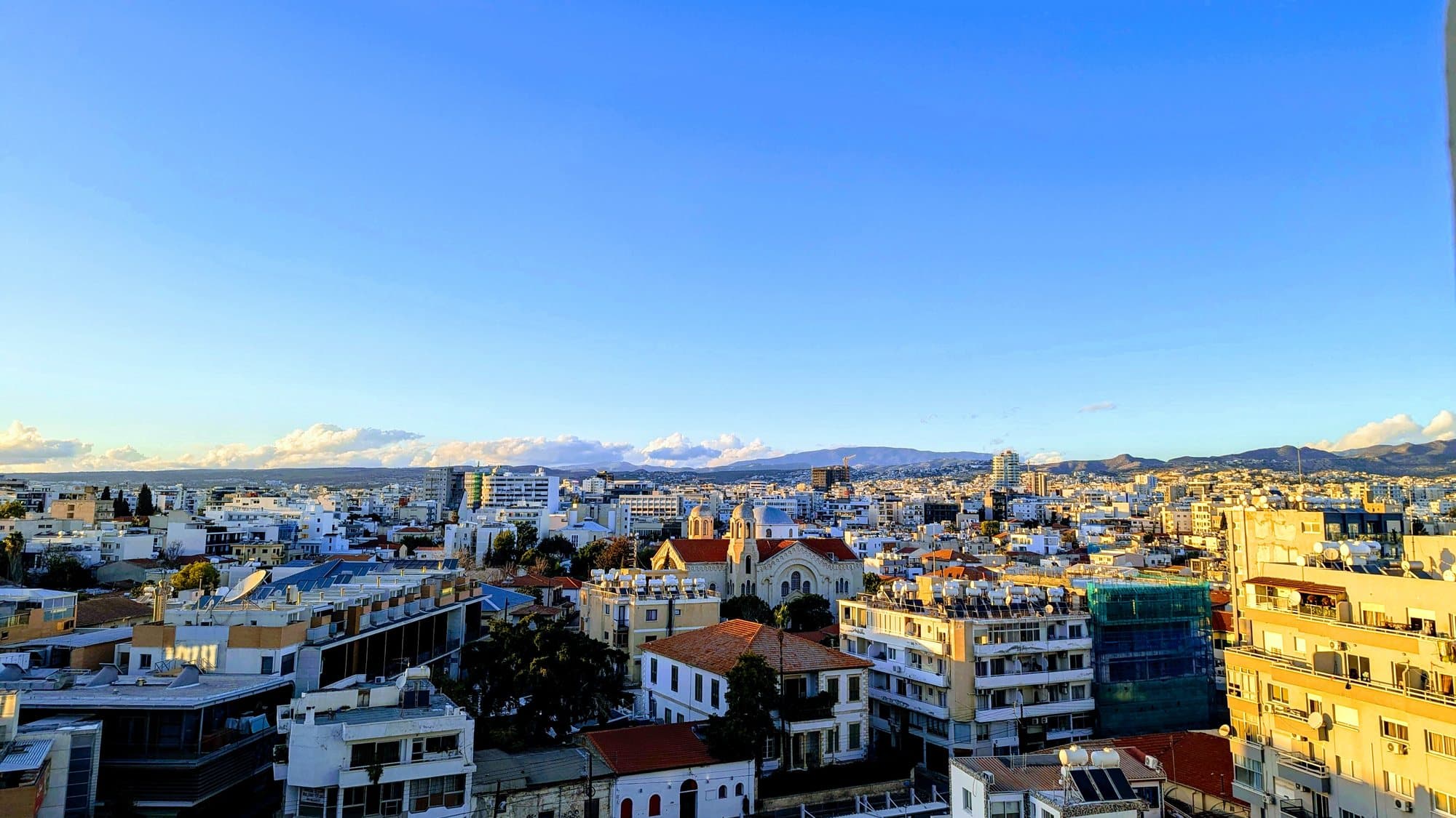 Rooftops of Limassol's old town looking inland to the mountains.